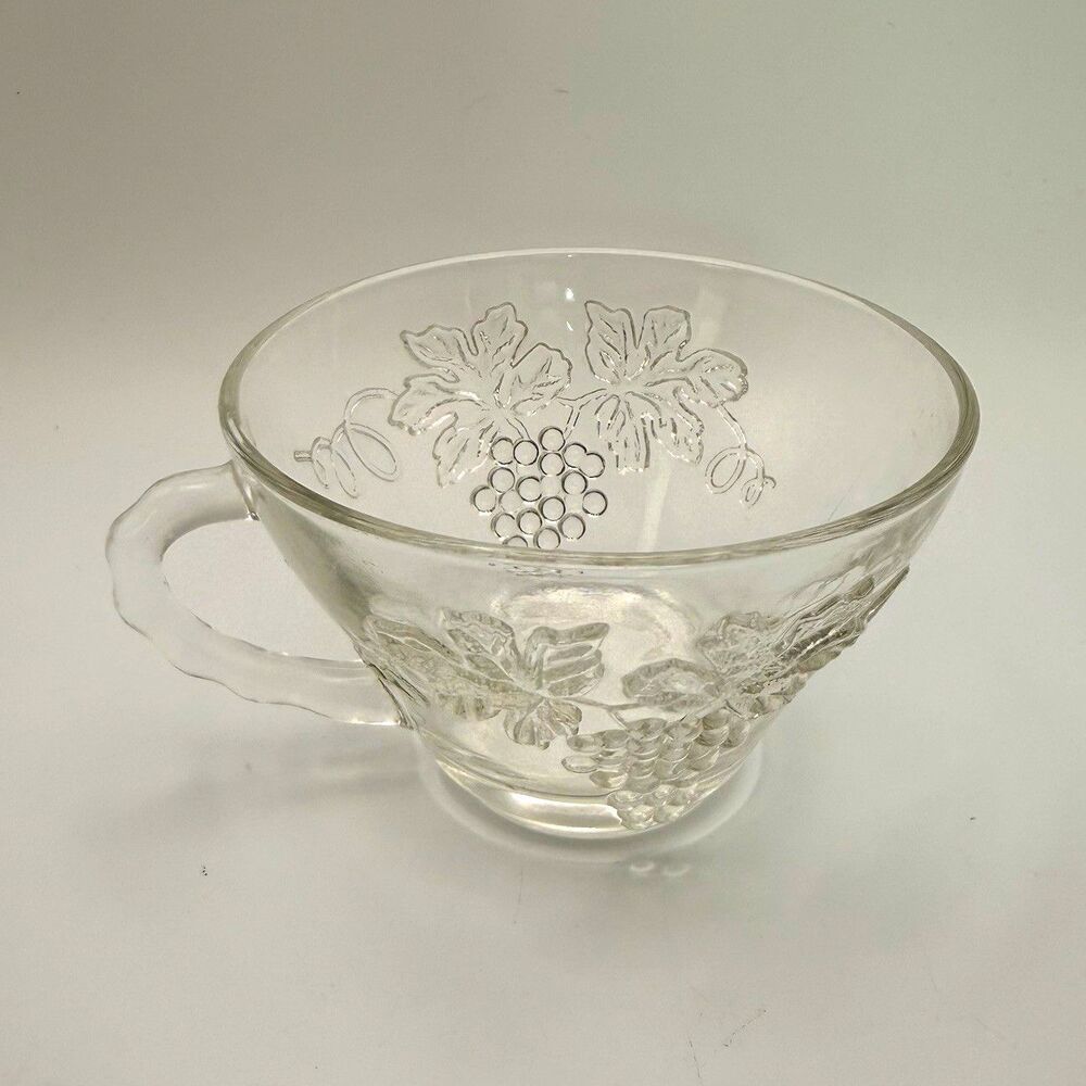 Vintage Anchor Hocking Clear Glass Punch Cup Snack Mug Grape Vine Pattern MCM